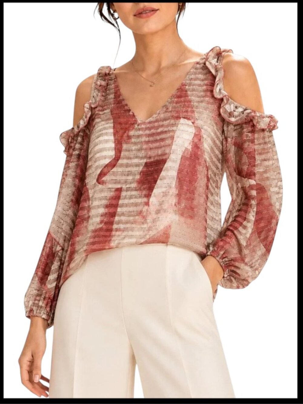 Ruffle Sleeve Blouse Cream Brown Sheer Cold Shoulder L